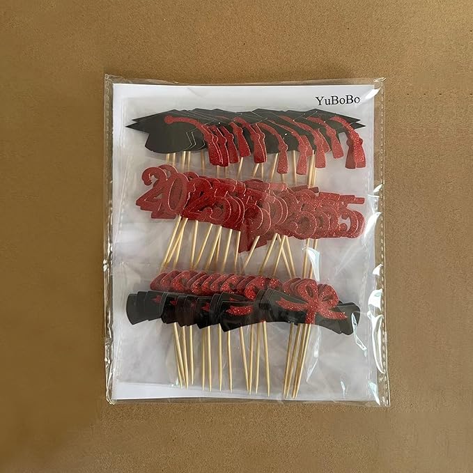 2025 Graduation Cupcake Toppers, 48 PCS Food/Appetizer Picks For Graduation Party Mini Cake Decorations, Diploma, 2025, Grad Cap Set 48 Pieces (03 Red)