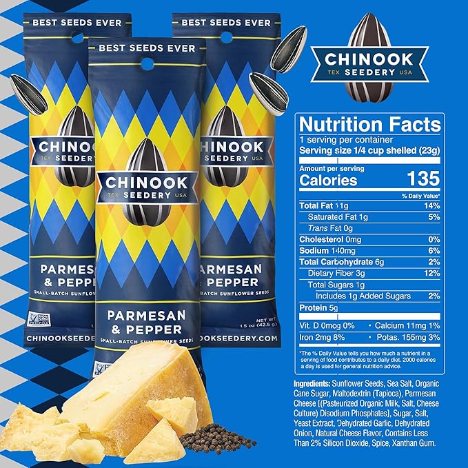 Chinook Seedery Roasted Sunflower Seeds to Eat -1.5 oz (Pack of 36) Parmesan & Pepper - Jumbo Low Sodium Sunflower Seeds Keto Snacks - Adventure, Baseball, School Snacks - Gluten Free, Non GMO Snacks