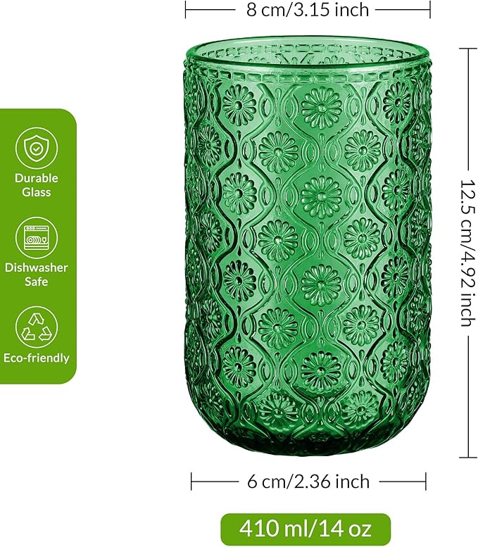 Joeyan Vintage Drinking Glasses,Green Embossed Floral Highball Glass Water Tumbler,14 oz Colored Beverages Juice Cocktail Beer Wine Glassware Cups,Set of 4,Dishwasher Safe