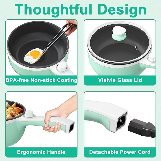 Dezin Hot Pot Electric Upgraded, Non-Stick Saut챕 Pan, Rapid Noodles Electric Pot, 1.5L Mini Portable Hot Pot for Steak, Egg, Fried Rice, Ramen, Oatmeal, Soup with Power Adjustment