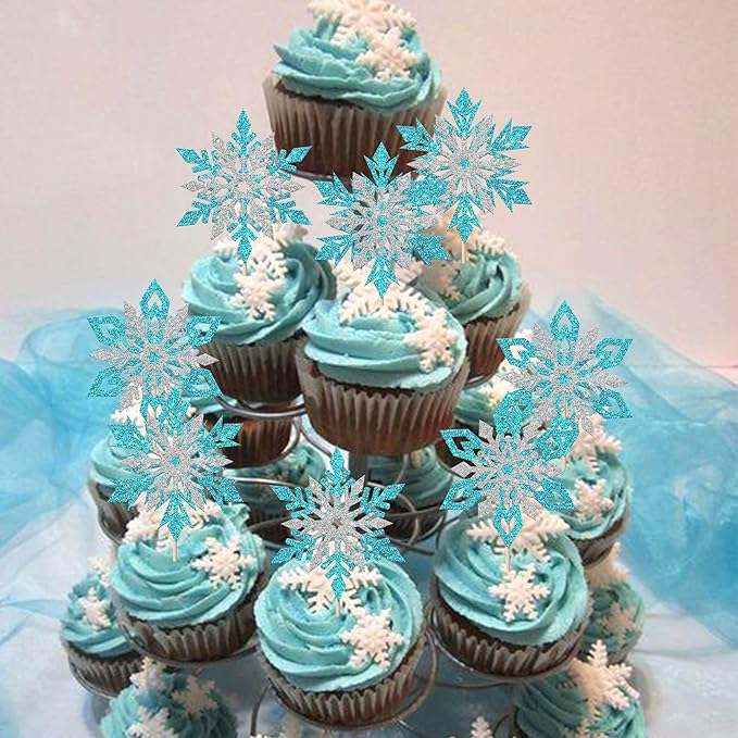 Rsstarxi 24 Pack Blue Snowflake Cupcake Toppers Double Layered Silver Snowflake Cupcake Picks Decoration for Winter Frozen Theme Baby Shower Wedding Birthday Christmas Party Cake Decorations