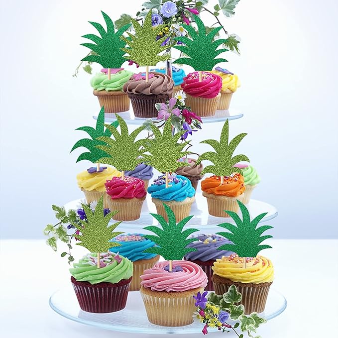 Rsstarxi 30 Pack Pineapple Cupcake Toppers - Green Glitter Donut Pineapple Cute Cupcake Picks - Summer Luau Tropical Hawaiian Cake Decorations for Baby Shower Birthday Party