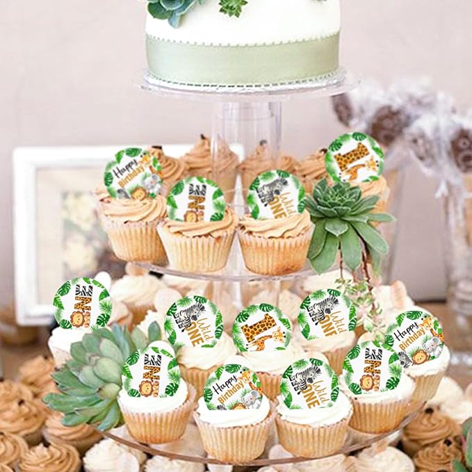 40 PCS Wildlife One Cupcake Toppers Wafer Paper Animal 1st Birthday Decorations Cupcake Toppers for Jungle Safari Animal Theme Baby Shower Kids Birthday Party Cake Decorations