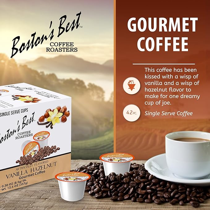 Bostonโs Best - Vanilla Hazelnut Delicious Medium Roast Coffee, Flavored Gourmet Compatible with Keurig Coffee Maker, 1 Count (42 Single Serve Cups)