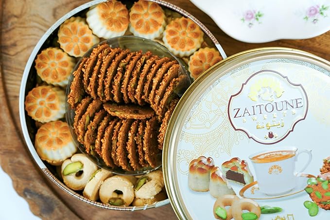 Zaitoune Premium Mini Mixed Cookies - 9 oz | Bite-Sized Date Maamoul, Barazek & Ghraybeh Cookie Mix | Handcrafted in Turkey | Beautiful Reusable Gift Tin | Perfect with Tea | Great Sharing Present