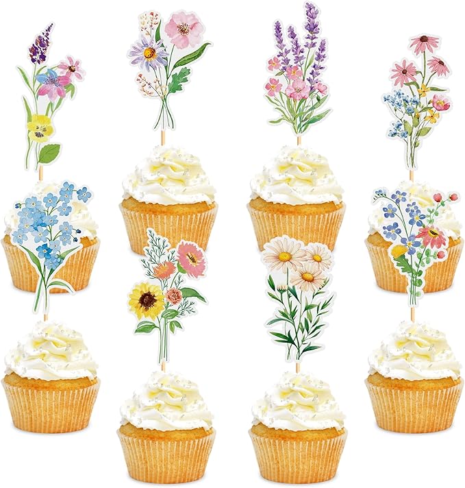 24Pcs Wildflower Cupcake Toppers Wildflower Birthday Party Decorations Picks Girl Birthday Theme Cake Decorations for Baby Shower Party Supplies Anniversary Party Decorations Supplies