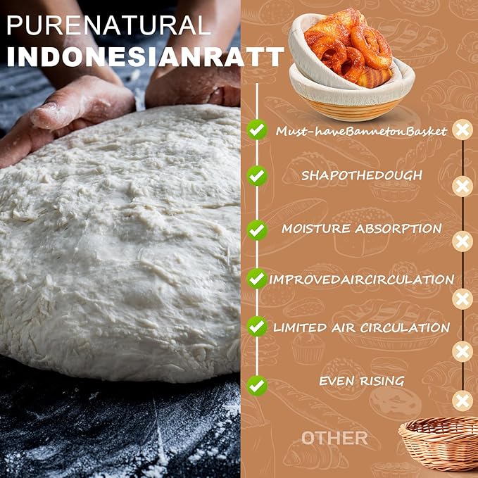 Gejoy Banneton Bread Proofing Basket Set of 8, Round Sourdough Bread Baking Bowl Kit with Cloth Liners and Dough Scrapers Natural Rattan Banneton Sourdough Bowl Basket for Bakers(9 Inch)
