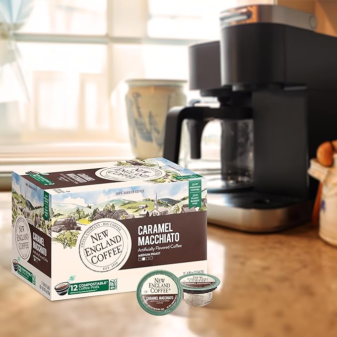 New England Coffee Caramel Macchiato Medium Roast Single Serve Pods, 12ct Box (Pack of 6)