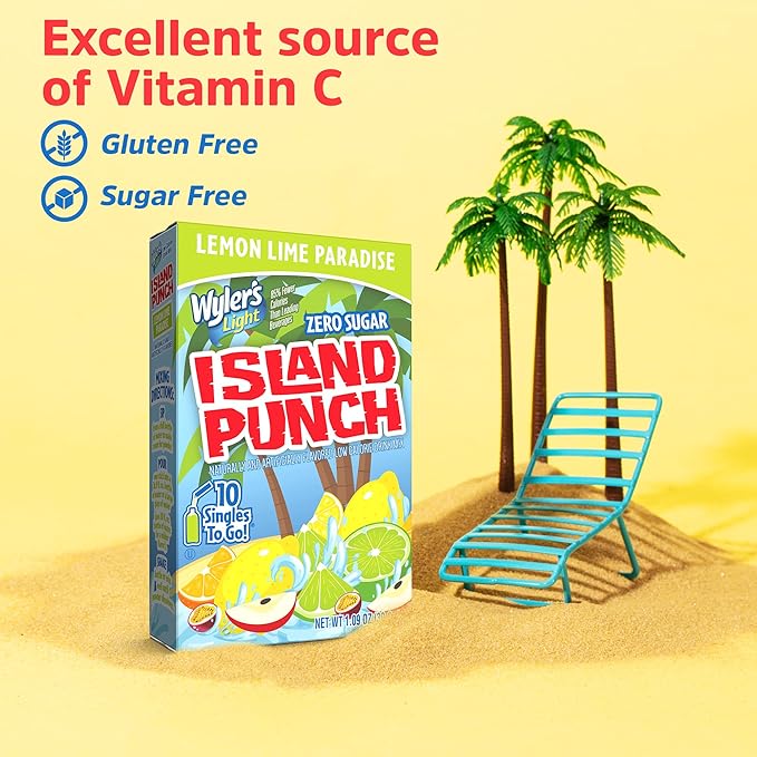 Wyler?셲 Light Island Punch Singles To Go, Lemon Lime Paradise, 10-Count per Box (12 Pack) ??Low Calorie Powdered Drink Mixes, Caffeine Free, Gluten Free, and Zero Sugar, 120 Total Powder Packets