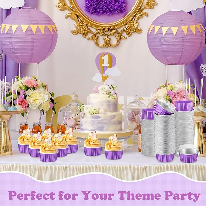 Gejoy 400 Pcs Aluminum Foil Baking Cups with Lids 5 oz Disposable Ramekins Mini Cake Pans Creme Brulee Cupcake Liners Muffin Tins Flan Mold Dessert Container for Wedding(Purple,Classic)