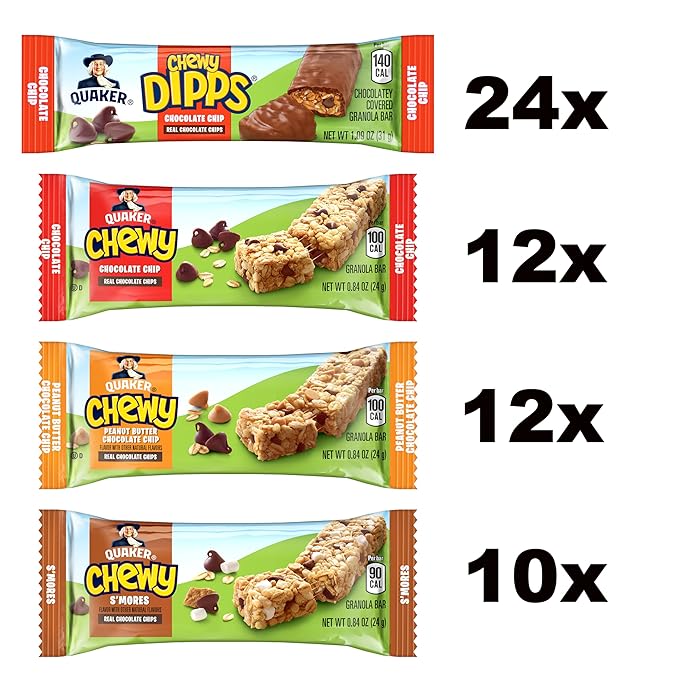 Quaker Chewy Granola Bars, Chewy & Dipps Variety Pack, (58 Bars), Whole Grains, No Artificial Flavors, No Added Colors