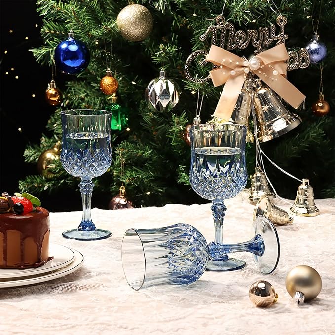 XUWAIDSGN Plastic Vintage Wine Glasses Drinking Glasses Unbreakable Wedding Glassware Crystal Water Goblets Reusable Drinkware Vintage Champagne Flutes (16, Blue)