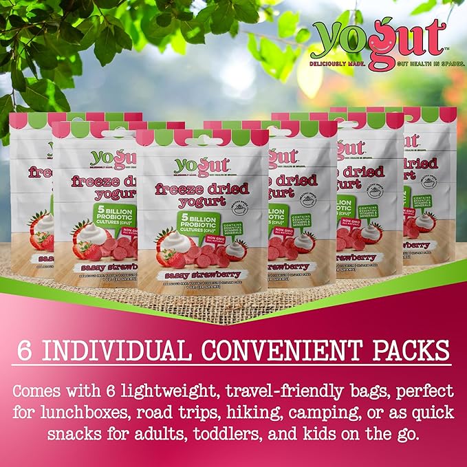 YoGut Freeze Dried Yogurt Snack, Strawberry, 6 Pack, Healthy Snacks for Kids, Toddlers & Adults, Gluten Free, Non GMO, With 5 Billion Live Probiotics, Vitamins & Minerals, Individual Snack Packs