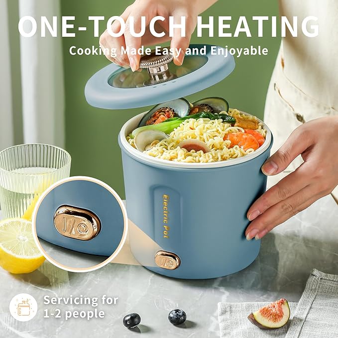 Hot Pot Electric, 1L Mini Ramen Cooker, 450W Rapid Noodles Cooker, Multifunctional Electric Pot for Cooking Pasta, Soup, Portable Pots with Over-Heating Protection for Dorm, Office, Travel