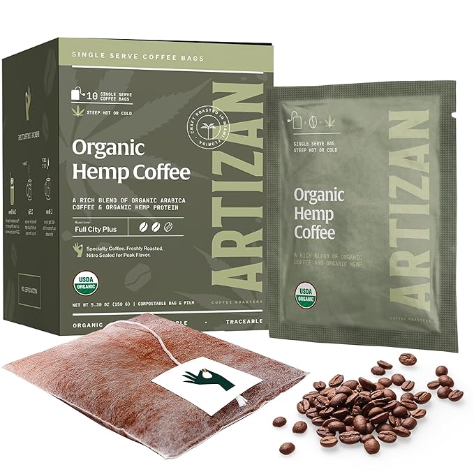 Artizan Organic Hemp Coffee Bags – Single Serve | Full City Plus Roast | 10 Count | Specialty Grade, Craft Roasted, Nitro-Sealed, Compostable