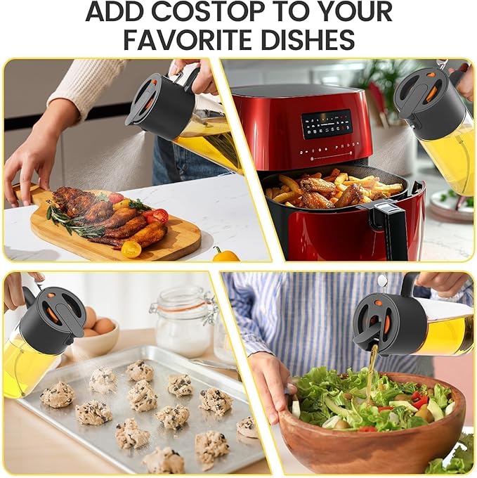 Oil Sprayer for Cooking, 2025 Large Advanced Olive Oil Dispenser Bottle,500ml/17oz Glass Olive Oil Sprayer,2 in 1 Even Spray with Portion Control for Kitchen, Air Fryer, Salad, BBQ - Black