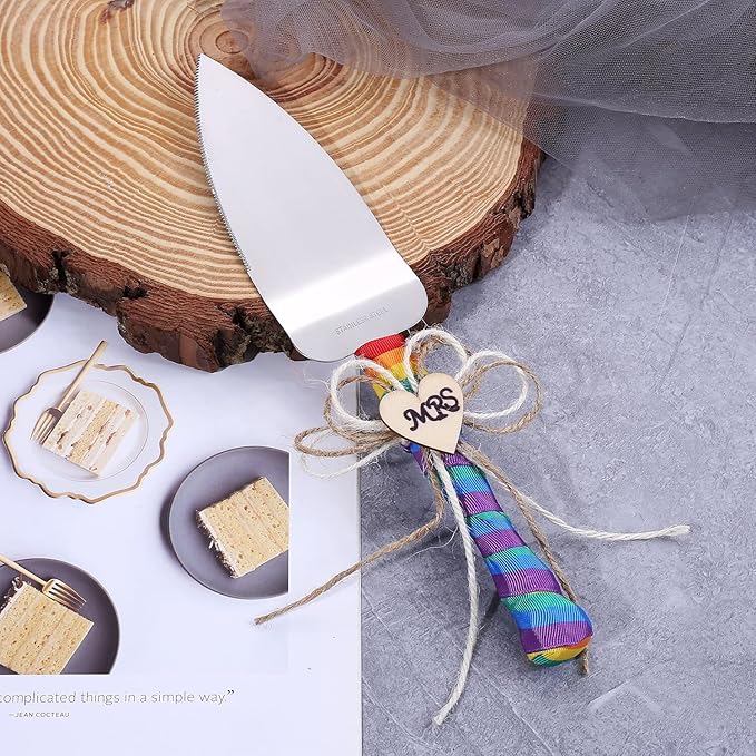 TANG SONG Set of 2 Mrs & Mrs Rainbow Gay Pride Flag LGBT Wedding Cake Knife and Serving Set with Rainbow Silk Ribbon and Heart Shaped Wood Tag Design Wedding Cake Knife (Set of 2)