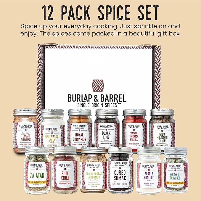 Burlap & Barrel 12-Pack Spice Gift Set – 12 Full-Size Jars of Favorite Spices for the Curious Cook – Includes Cinnamon, Garlic & More – As Seen On Shark Tank - Perfect Seasonings for Cooking
