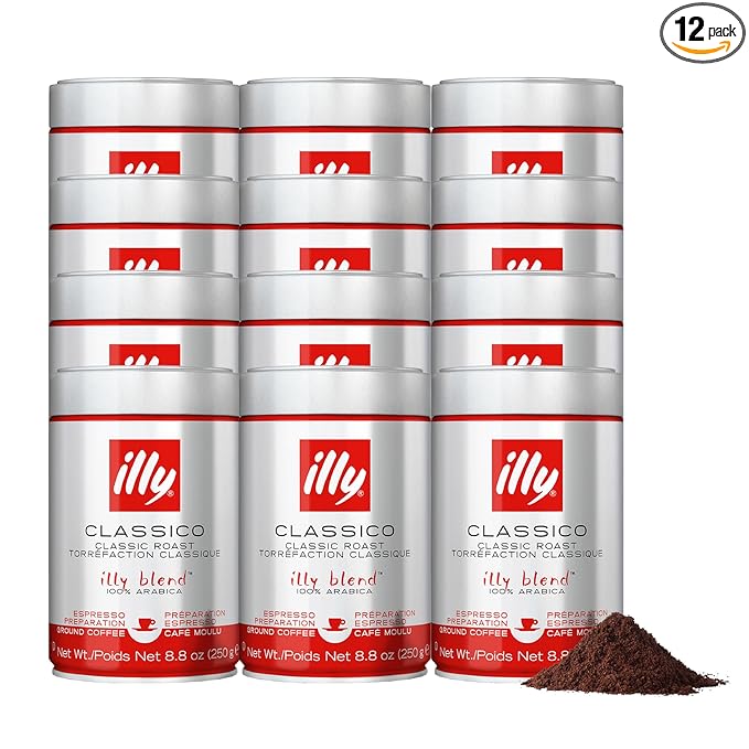Illy Ground Espresso Coffee, Classico Medium Roast - Mild & Balanced - 100% Arabica - Pre-Ground for Espresso - Pressurized Packaging Sealed for Freshness - 8.8oz (Pack of 12)
