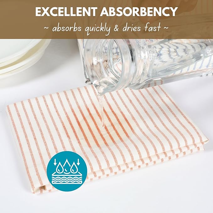 Native Fab 4 Pack Stripe Kitchen Dish Towels - 100% Cotton - 18x26 Inches - Lightweight, Quick Drying, Reusable Kitchen Cleaning Towels with Hanging Loop, Absorbent Hand Towels - Orange