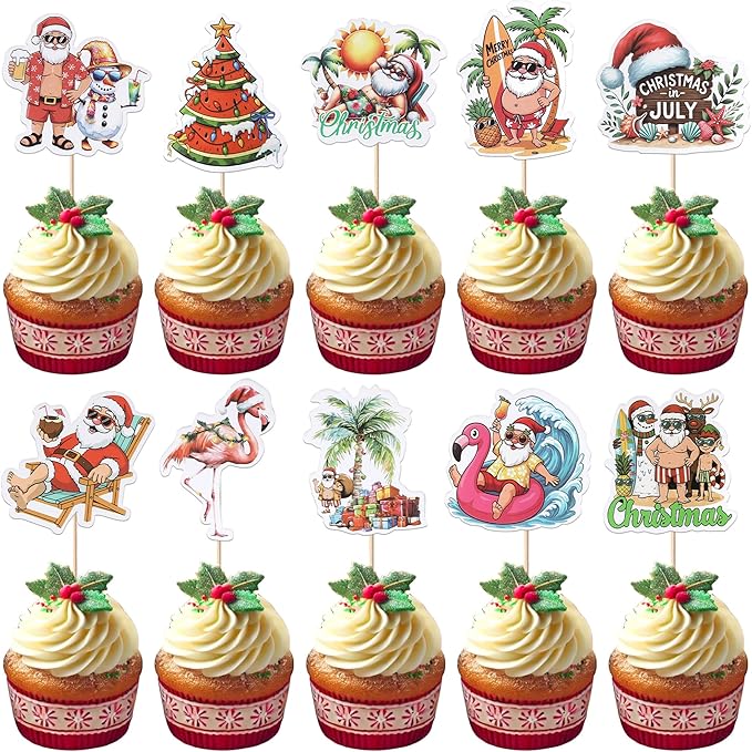 Rsstarxi 40 Pack Summer Christmas Cupcake Toppers Christmas in July Cake Decorations Santa Surfboard Snowman Flamingo Cupcake Picks for Summer Beach Pool Birthday Party Decors