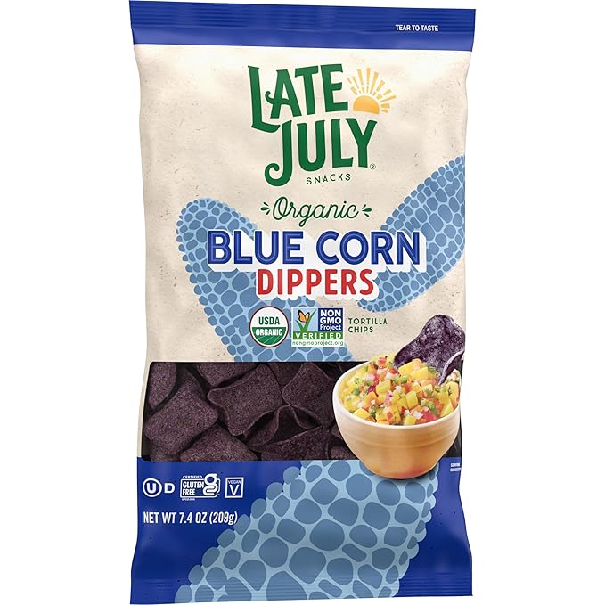 Late July Snacks, Dippers, Organic Blue Corn Tortilla Chips, 7.4-oz. Bag (Pack of 3)