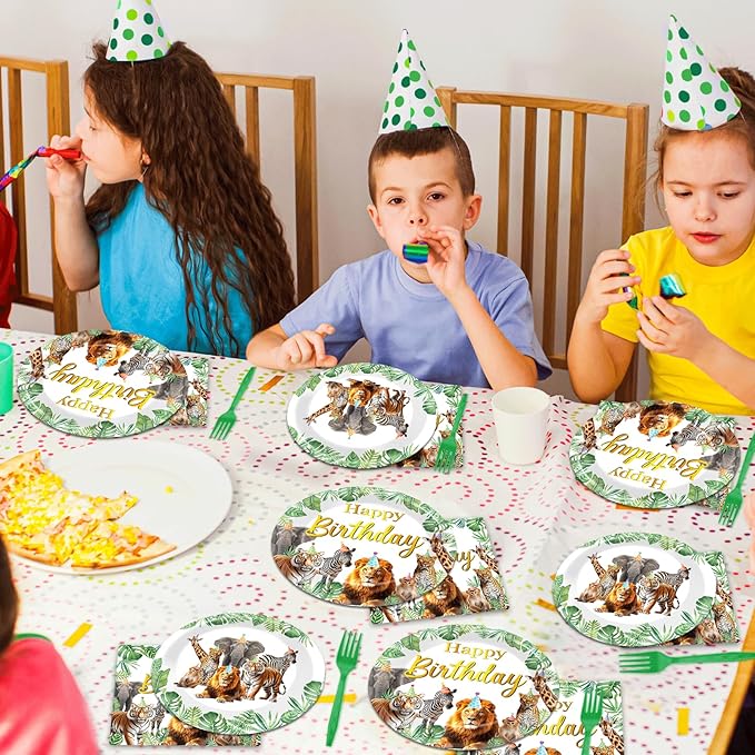 96Pcs Jungle Animals Plates and Napkins Safari Happy Birthday Party Decorations Zoo Party Dessert Plates Wild Animals Lion Tiger Theme Tableware for 24 Guests Men Woman Adults Birthday Supplies