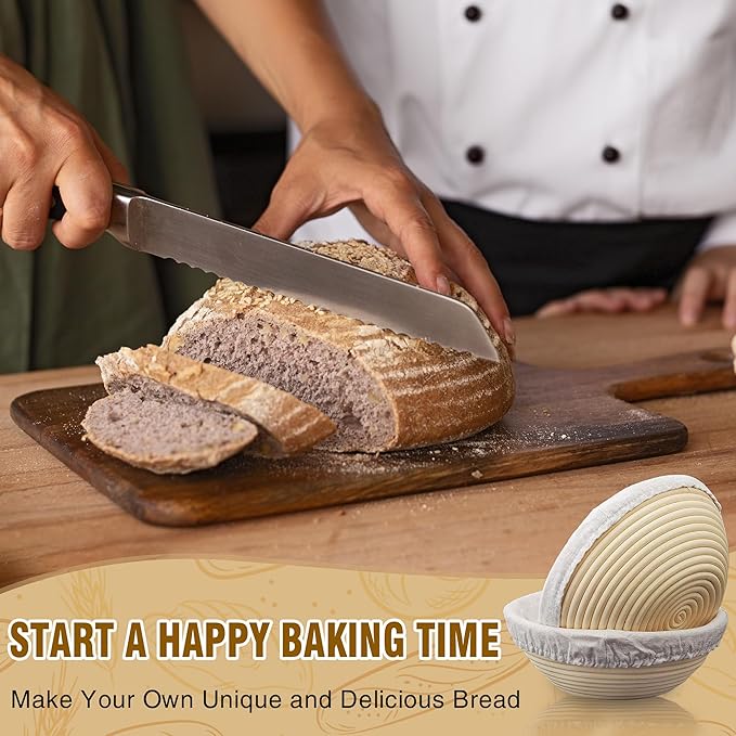 Banneton Bread Proofing Basket Set of 2, 9 Inch Round Sourdough Basket with Liners, Handmade Rattan Dough Proofing Bowl for Artisan Bread Making, Ideal for Bakers (Round 9 inch set 2 Pcs)