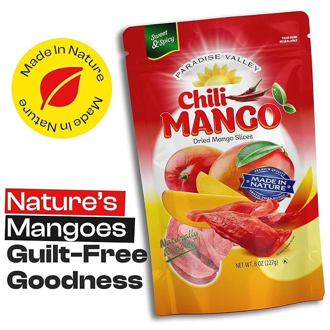 Dried Mango Slices - Delicious Texture Soft & Juicy Low Sugar Added Dried Mango - Naturally Ripened Mangos Dried Fruits - Gluten Free Dry Mangoes Natural Source of Vitamin C, Fiber, (8 oz chili)