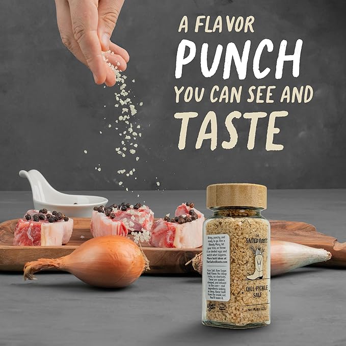 The Salted Roots - Dill Pickle Salt - Vodka-Infused with Fresh Dill, Vinegar & Pickling Spices - Tangy Gourmet Seasoning for Bloody Marys, Burgers, Popcorn & Fries - 4oz Jar