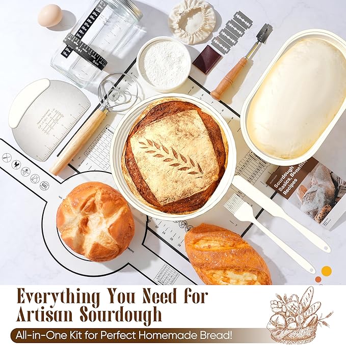 Sourdough Starter Kit with Jar ??Complete Sourdough Bread Baking Supplies for Beginners, Includes 2 Silicone Proofing Baskets Baking Mat Sour Dough Kit - White