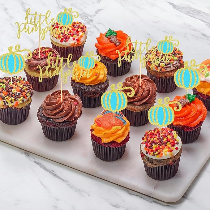 24Pcs Little Pumpkin Cupcake Toppers Fall Pumpkin Cupcake Picks for Thanksgiving Halloween Baby Shower Kids Birthday Party Cake Decorations Supplies - Bule Glitter