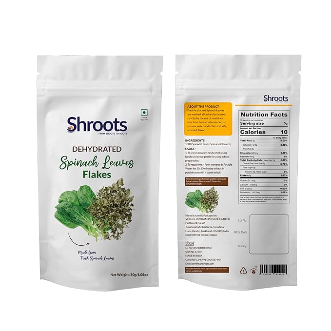 SHROOTS Dehydrated Spinach (Palak) Leaves Flakes Pure Vegetarian Gluten-Free No Added Salt Easy Cooking Essential Machine Dried Vegetables with Natural Aroma Ideal for Everyday Meals 1.06 oz Pack of 1
