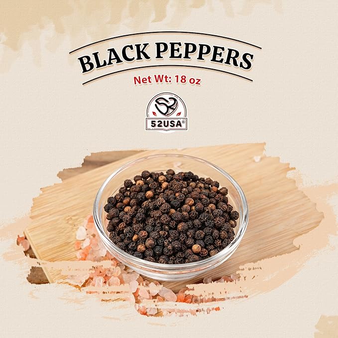 52USA Whole Black Peppercorns, 18oz (Pack of 1), Peppercorns for Grinder Refill, Gluten-Free, Kosher, Non-GMO, All Natural Black Pepper, Perfect for Cooking & Seasoning
