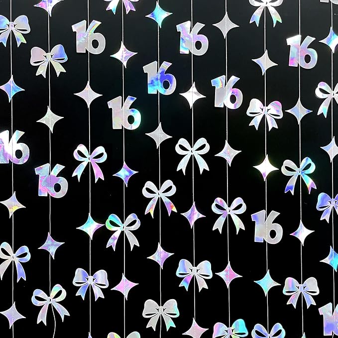 Iridescent 16th Bow Birthday Decorations Metallic Conquette Bow Garland Streamer Banner Backdrop for Girls Boys Happy 16th Birthday Sweet Sixteen Cheers to 16 Years Old Anniversary Party Supplies