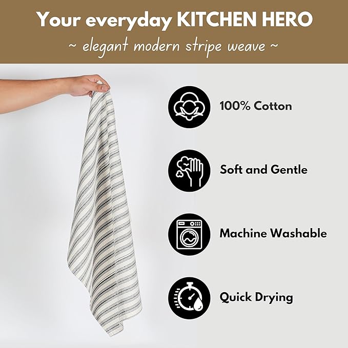 Native Fab 4 Pack Farmhouse Modern Stripe Kitchen Dish Towels Cotton Super Absorbent Quick Drying Reusable 18x26 Inches - Bar Hand Towels, Kitchen Cleaning Towels with Hanging Loop, Zaha Black
