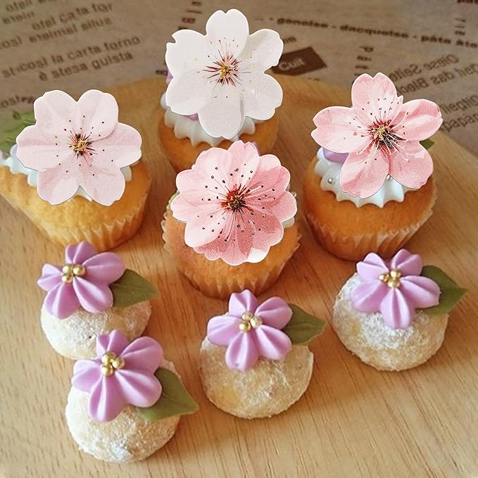 40 PCS Edible Cherry Blossoms Cupcake Toppers Edible Cherry Blossoms Flowers Cake Decorations Wafer Paper Flowers Cupcake Topper for Baby Shower Kids Birthday Party Decorations Supplies Colorful