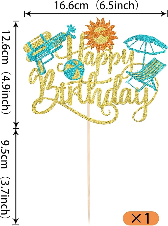 1 Pack Summer Beach Happy Birthday Cake Topper Tropical Hawaiian Water Gun Cake Pick Glitter Umbrella Pool Holiday Cupcake Decoration for Summer Baby Shower Birthday Party Supplies Gold
