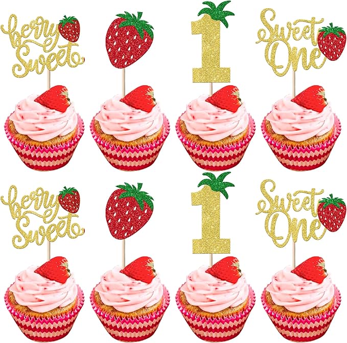 24 Pack Sweet One Cupcake Toppers Glitter First Birthday Strawberry Cupcake Picks for Fruit Baby Shower 1st Birthday Berry Sweet Cupcake Decorations Party Supplies Gold