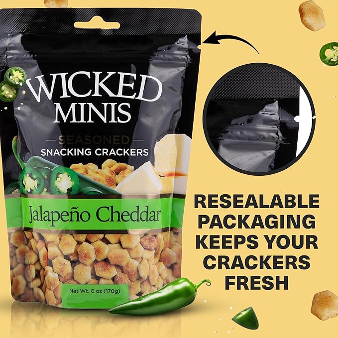 Wicked Minis Soup & Oyster Crackers - Saltine & Salted Flavored Mini Puffed Soup, Savory Snacking Mix, Seasoned Croutons Salad Toppers, Crackers for Chili 6oz (Jalapeno Cheddar, Pack of 3)