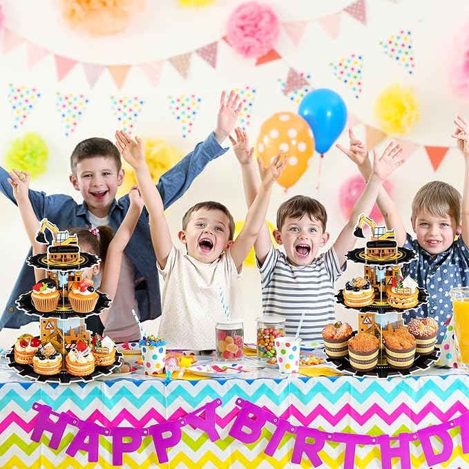 2 Pack Construction Cupcake Stand Construction Party Decorations 3 Tier Construction Cupcake Holder Dessert Stand for Boys Kids Baby Shower Birthday Party Supplies