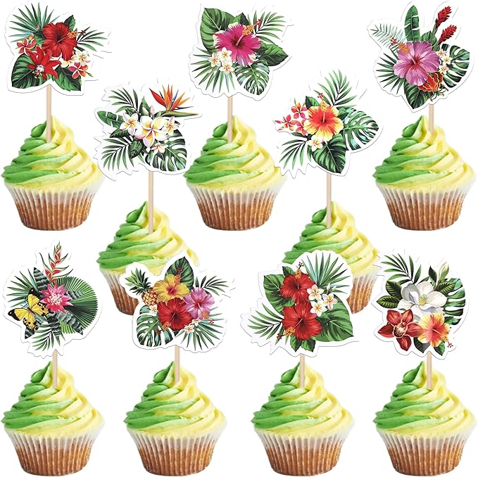 Rsstarxi 36 Pack Tropics Cupcake Toppers Turtle Leaves Flowers Tropical Plants Cupcake Picks for Summer Hawaii Tropics Theme Baby Shower Wedding Birthday Party Cake Decorations