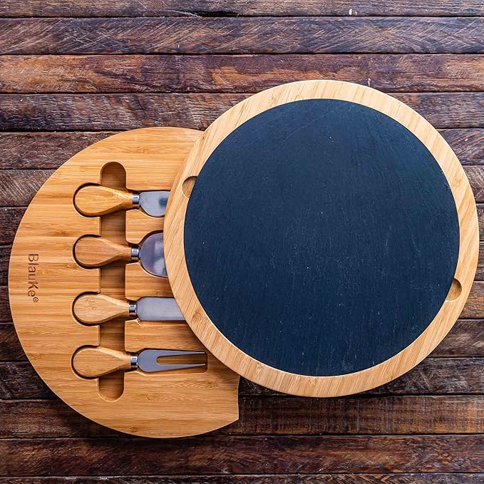 BlauKe Bamboo Cheese Board with Knife Set and Slate – 12 inch Round Charcuterie Board, Serving Tray, Platter, Wood Cheeseboard Set – Gift Idea