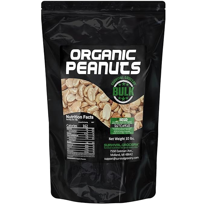 Survival Grocery짰 Organic Dry Roasted Peanuts - Protein Rich, Non-GMO, Gluten-free, Vegan-friendly, Low Carb Snack, Packed With Essential Vitamins & Minerals, Heart Healthy, Fiber-filled (10 lbs. Bulk/1 Bag)