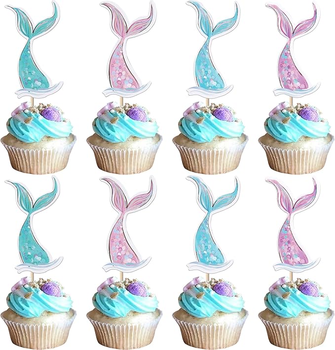 40 Pack Mermaid Cupcake Toppers Under the Sea Mermaid Tail Cupcake Picks for Summer Ocean Sea Animal Theme Baby Shower Kids Birthday Party Cake Decorations Supplies