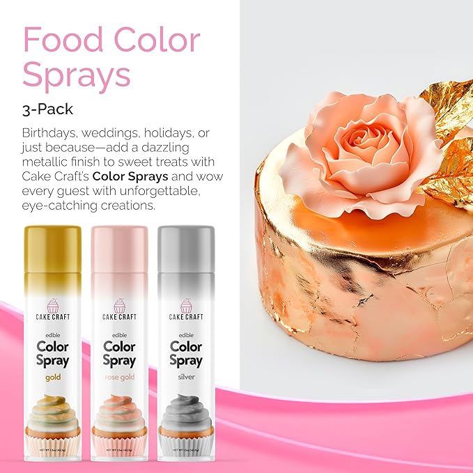 Cake Craft Edible Color Spray 3-Pack ??Gold, Silver & Rose Gold | Food Coloring Spray for Cakes, Cupcakes, Cookies & Desserts | Easy-to-Use Edible Spray Paint for Baking Decoration