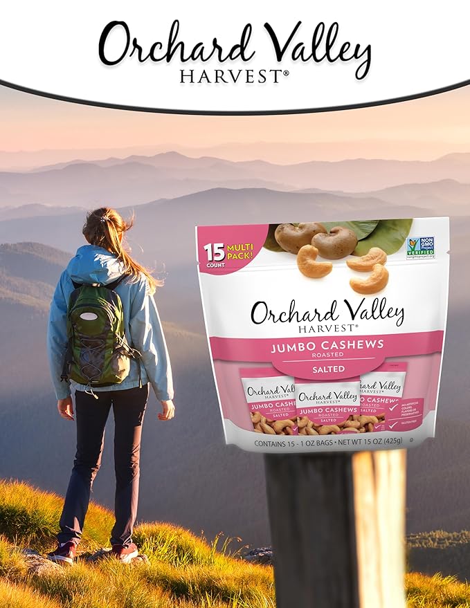 Orchard Valley Harvest Jumbo Cashews, 1 oz Bags (Pack of 15), Whole Roasted Salted Cashews, Gluten Free, No Artificial Colors, Flavors or Preservatives, Non-GMO, Snacks for Adults