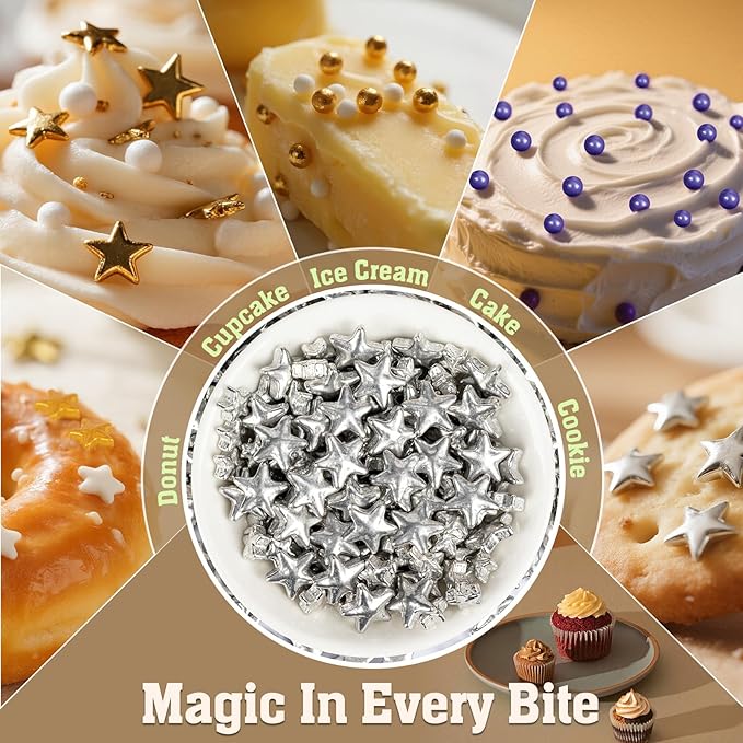Twisweet Silver Sprinkles, Edible Silver Stars for Cake Decorating, Sugar Sprinkles for Baking, Mix Size Silver Candy, Cake Topper Ice Cream Cupcake Cookie Toppings Dessert Decorations, Christmas Wedding Birthday Party Supplies (130g/4.58oz)
