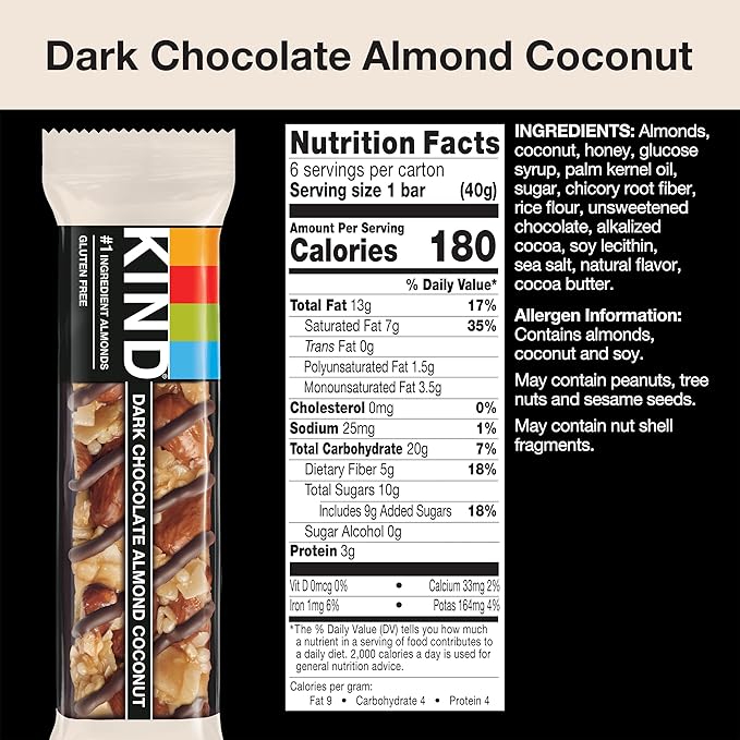 KIND Nut Bars, Dark Chocolate Almond Coconut, Healthy Snack Bars, Gluten Free, 3g Protein, 24 Count