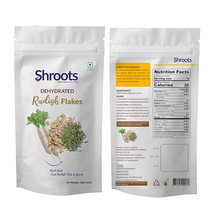 SHROOTS Dehydrated Radish Flakes Pure Vegetarian Gluten-Free No Added Salt Easy Cooking Machine Essential Dried Vegetable Boosted with Aroma Fiber Perfect for Dals or Everyday Meals 1.23 oz, Pack of 1